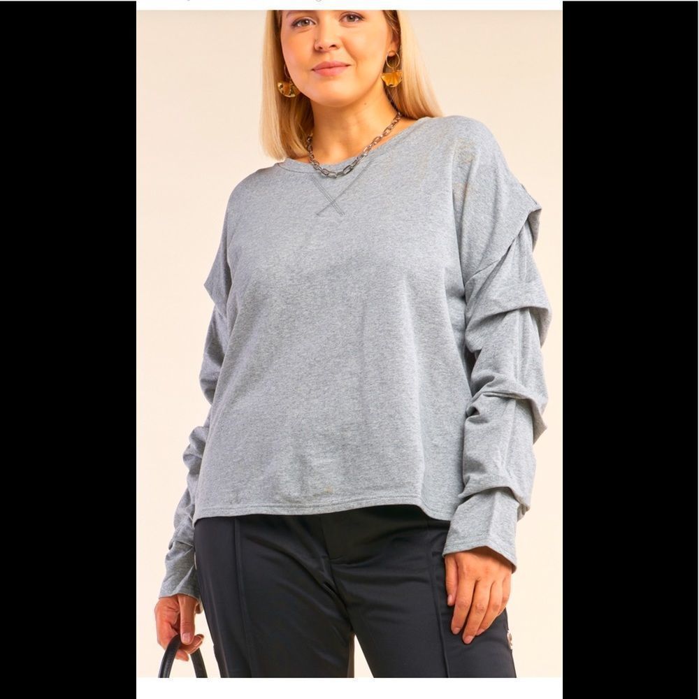 Plus Size Heather Grey Relaxed Fit Crew Neck Long Ruffled Gathered Sleeve